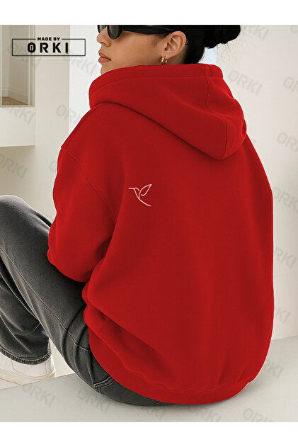 Women's Oversize Hoodie Red – Birdline Minimal Bird Detail, Relax Fit