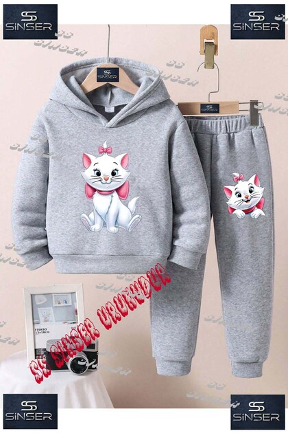 Children's Unisex Custom Printed Hoodie and Sweatpants Set with the Design of a Sitting Cat with a Ribbon