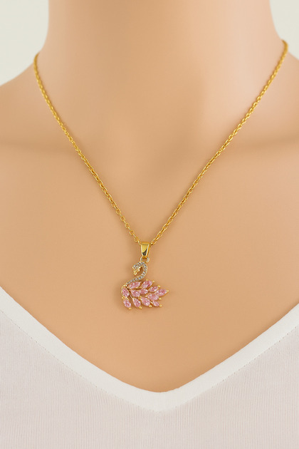 Women's Non-Tarnish Steel Gold Swan Design Special Design Necklace with Pink Stones – Gift