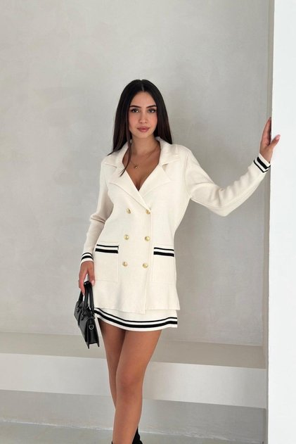 Double-Breasted Neck Pocketed Cardigan Mini Skirt Knit Set AW25AU0003