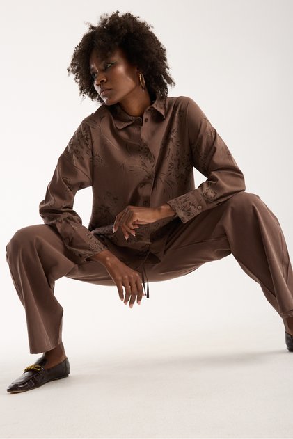 Women's Hijab Suit Shirt Pants Two-Piece Set – Beige / Brown / Navy Blue
