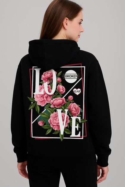 Love Slogan Floral Print Hooded Sweatshirt – Unisex Casual Fashion