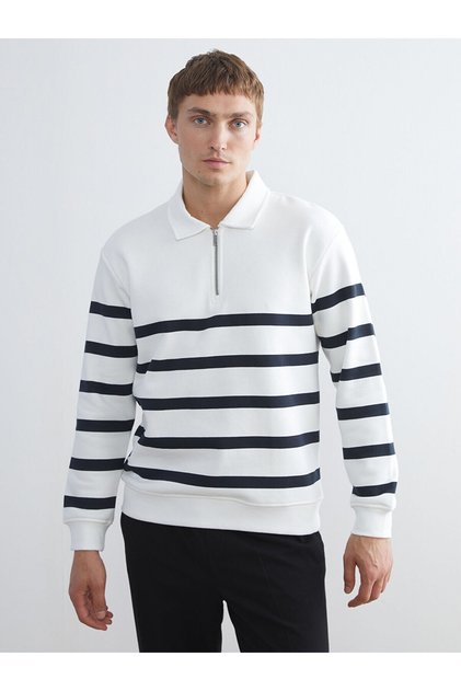 New Season Polo Neck Long Sleeve Striped Men's Sweatshirt