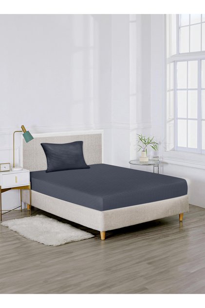 Single Striped Fitted Elastic Bedsheet with 1 Pillow Case 90 x 190 Cm (Navy Blue)