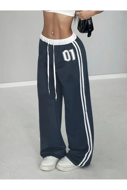 01 Number Oversize Navy Blue Baggy Sweatpants with Waist Drawstring Detail
