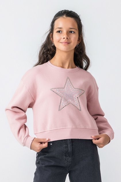 Girl's Stone Detailed Star Printed Sweatshirt