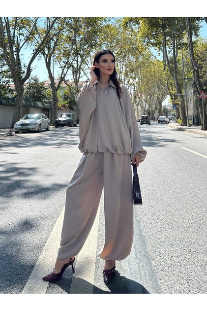 Satin Gathered Pleated Bumber Jacket Pants Set 3015 - Beige