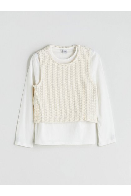 Beige Crew Neck Girls' T-Shirt and Sweater Set of 2