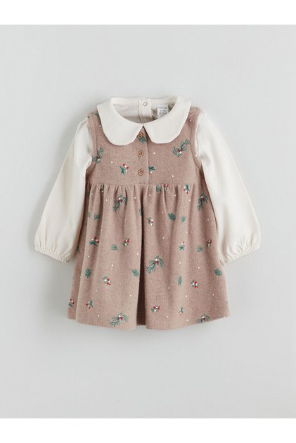Brown Peter Pan Collar Girls' Baby Blouse and Dress 2-Piece