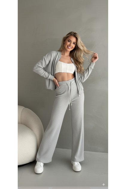Gray Melange Camisole Pants Bomber Jacket Women's Bottom Top Set