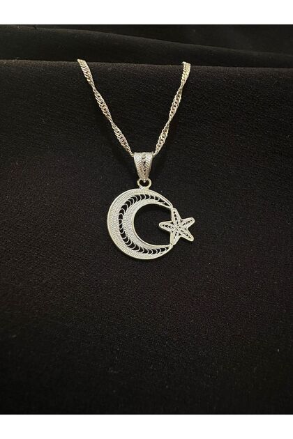 925 Ayar Gümüş Telkari Ay Yıldız Kolye – Singapur Zincir 45-50-55-60 cm, El İşçiliği