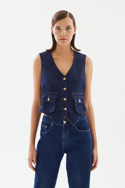 Kadın Cep Detaylı Denim Yelek