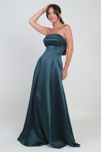 Women's Strapless Lined Long Satin Evening Dress with Pockets