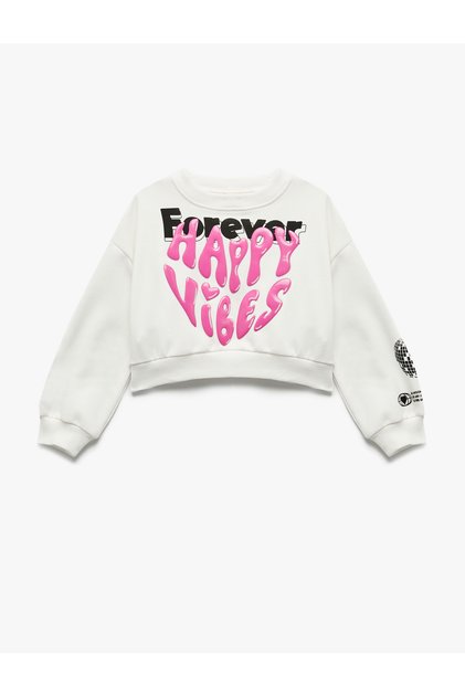 Şardonlu Uzun Kollu Bisiklet Yaka Baskılı Sweatshirt