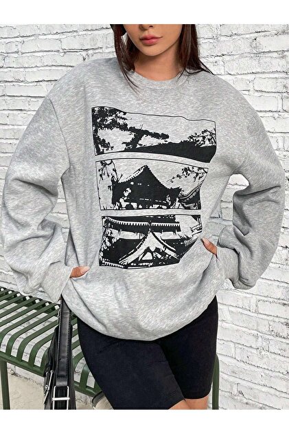 3 İplik Korean House Sweatshirt - Gray Printed Oversize Crew Neck