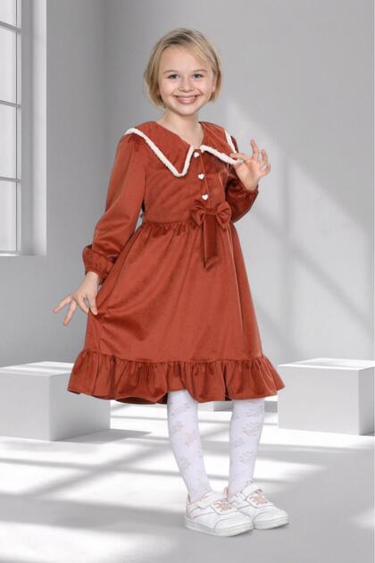 Girl's Velvet Ruffled Collar Dress - 3 - 10 Years Old - 6 Color Options - Tile