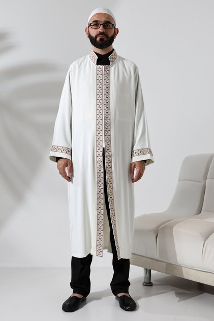 Burgundy Pattern Embroidered Cream Imam Robe with Snap Buttons and Pockets