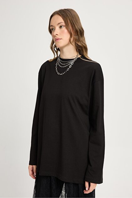 minaaise Geniş Kol Oversize Basic T-shirt Siyah 30058 - Fiyatı