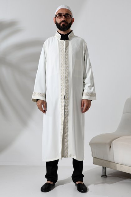 Silver Pattern Embroidered Cream Imam Robe with Snap Closure and Pockets