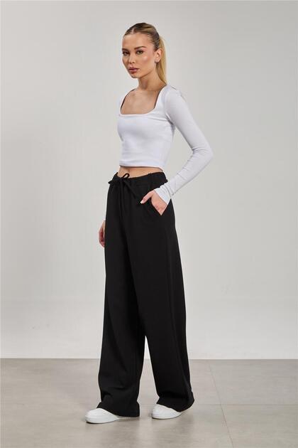 Women's drawstring waist wide leg pants - black
