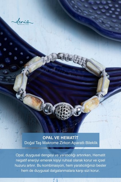 Certified Opal and Hematite Natural Stone Macrame Bracelet with Zircon Apparatus
