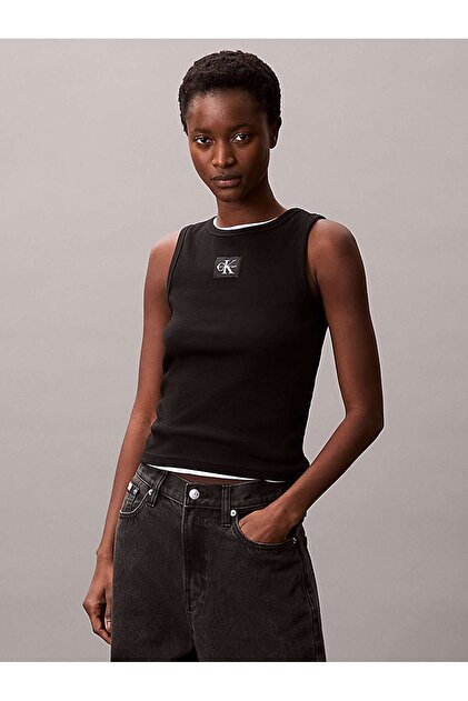 Calvin Klein A - WOVEN LABEL 2X2 COTTON RIB T Siyah Kadın Tişört
