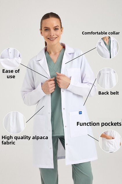 Women's White Classic Collar Doctor Apron Nurse Pharmacist Teacher Laboratory - Alpaca Fabric