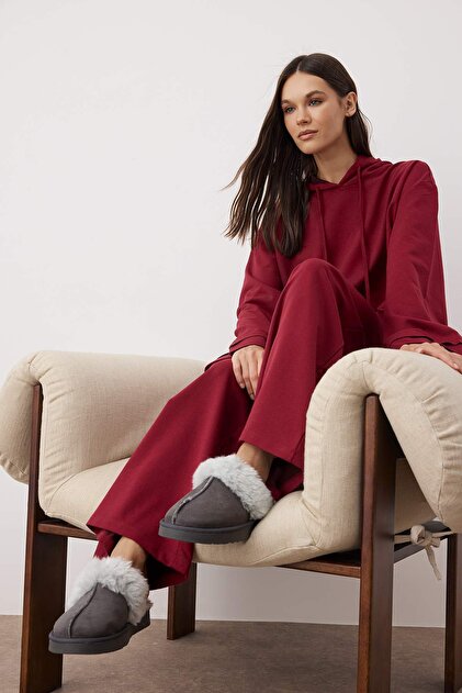 Trendyolmilla Shoes Gri Süet Peluş Kürk Detaylı Kadın Terlik