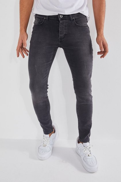 Men's Slim Fit Stretch Fabric Anthracite Distressed Jeans