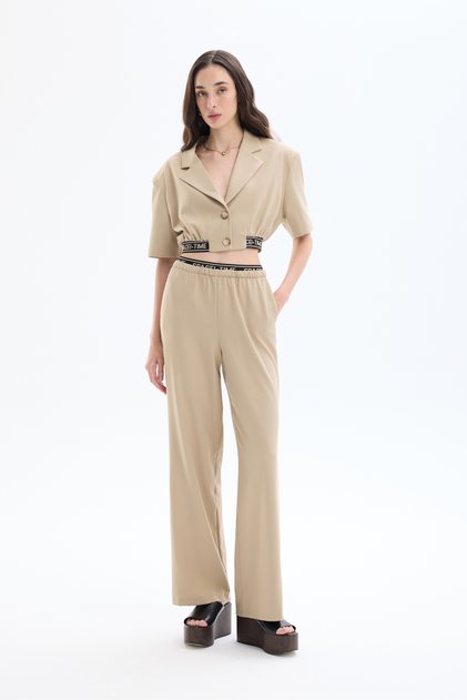 Elastic Waist, Detailed Writing, Wide Leg Trousers Beige