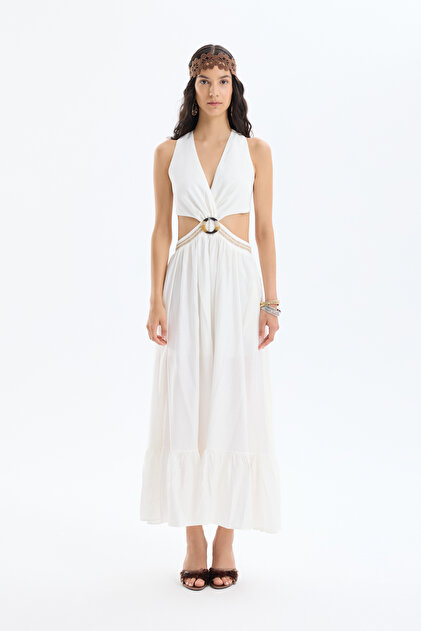 Quzu Cut Out Midi Dress with Buckle Accessories Ecru- Trendyol