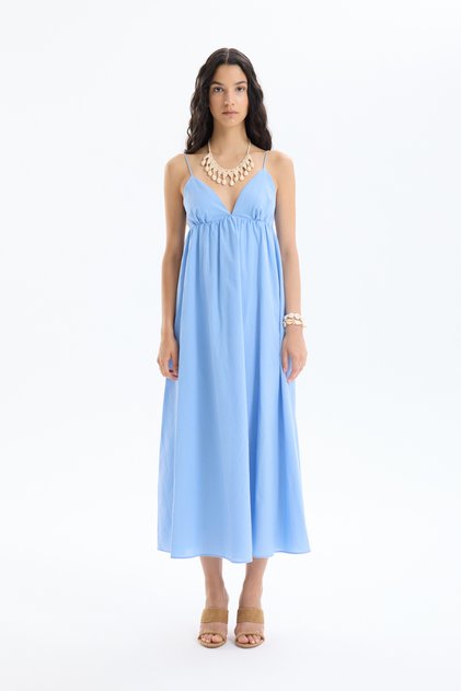Slim Strap V Neck Long Dress Blue