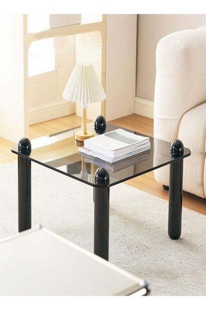 Square Coffee Table Small Living Room Tempered Glass Table Top Solid Wood Legs Sofa Side Table Low T