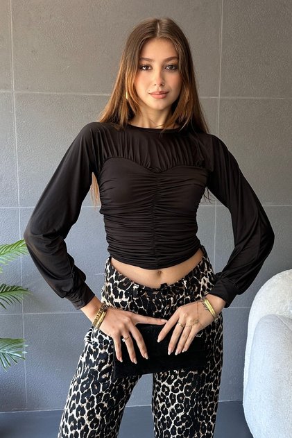 Women's Crew Neck Drape Detailed Long Sleeve Blouse Black