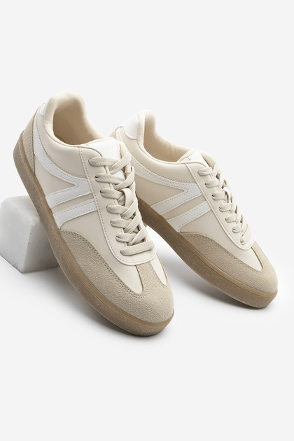 Marjin Kadın Sneaker Bağcıklı Düz Taban Spor Ayakkabı Tiyone Bej