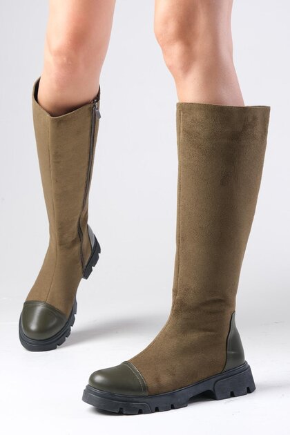 Green Color Suede Side Zipper Thick Soled Women's Boots