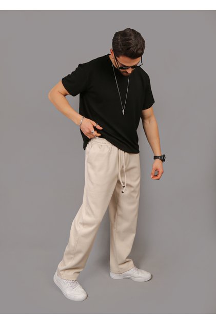 Men's Baggy Loose Cut Pique Trousers with Elastic Waist Original Fit