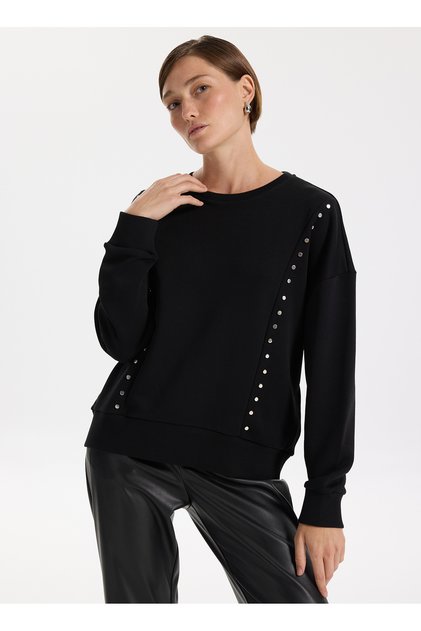 Bisiklet Yaka Taşlı Siyah Kadın Sweatshırt F5WL-SWT0038