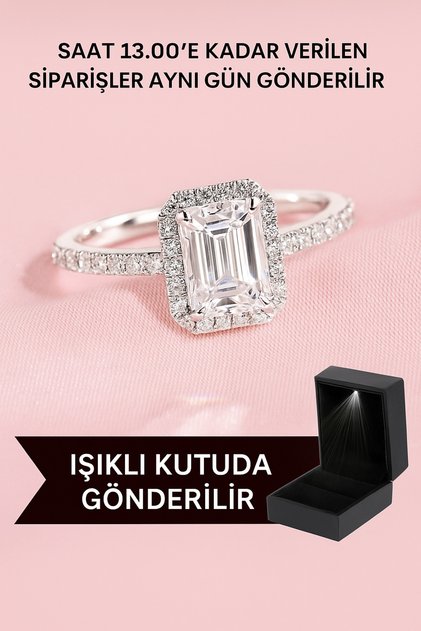 Işıklı Kutuda Pırlanta montür zirkon taşlı 1 Karat Baget Yüzük