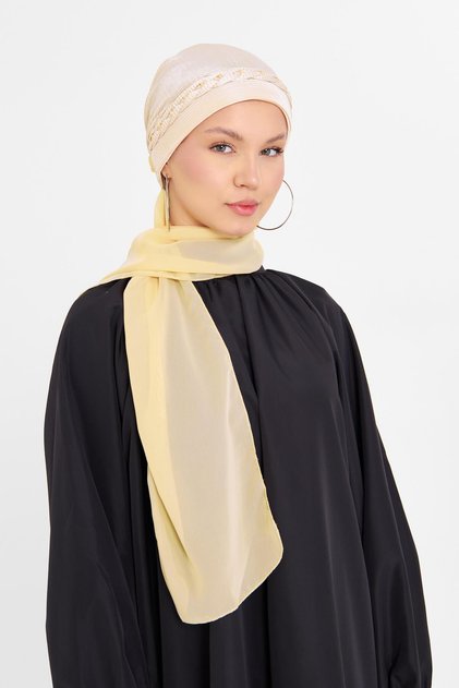 Beige Practical Ready-To-Wear Hijab Bonnet with Pleated Braided Chiffon Scarf 1825A_12