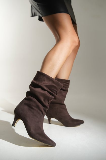 Brown Suede Women's Pointed Heeled Short Heel Boots, Comfortable Heel