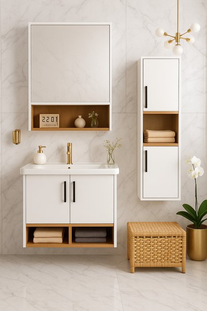 DMZ Home Concept Legna 65 cm Banyo Dolabı Seti– Boy Dolaplı – Beyaz & Ahşap – Tamamı MDF – Seramik Lavabolu