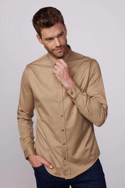 Slim Fit Long Sleeve Lycra Plain Cotton Satin Men's Coffee Shirt