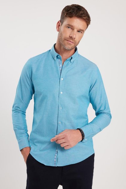 Men's Slim Fit Slim Fit Long Sleeve Cotton Oxford Texture Turquoise Button Lapel Shirt