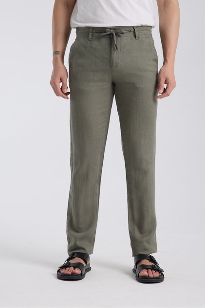 Khaki 100% Linen Trousers with Elastic Waist