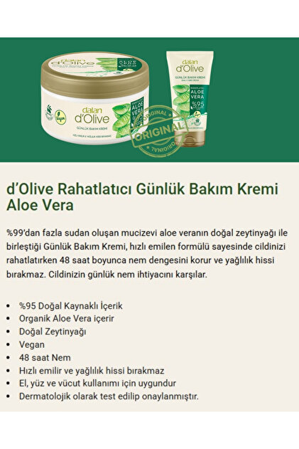 Dalan D'olive Rahatlatc Organik Aloe Vera 250 ml Gnlk Bakm Kremi 60 ml  Hediyeli (AVANTAJLI PAKET) - Fiyat, Yorumlar
