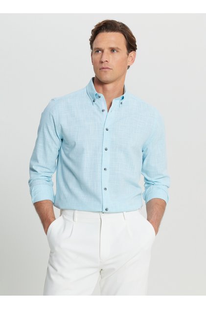 Slim Fit Buttoned Collar Turquoise Men's Shirt Ace020252168_Trk