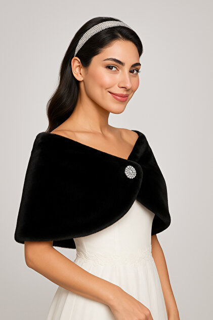 Elegance Scarf Women's Black Short Brooch Fur Etol Bridal Bolero Shoulder  Shawl Evening Dress Shawl- Trendyol