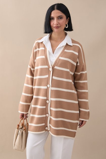 Casual Striped Camel Knitwear Cardigan