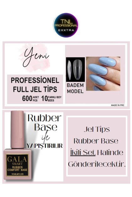 Full Jel Tips Badem Model Içi Törpülü 600 Lü Ve Rubber Base Ikili Set Jel Tırnak Tipsi Kapsül